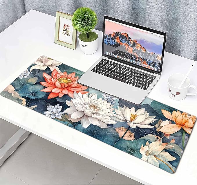 Aesthetic Lotus Flower Large Mouse Pad, Desk Mat Computer Keyboard Pad Non-Slip Rubber Base Waterproof with Stitched Edges for Laptop Gaming, Office & Home 31.5 x 11.8 Inch