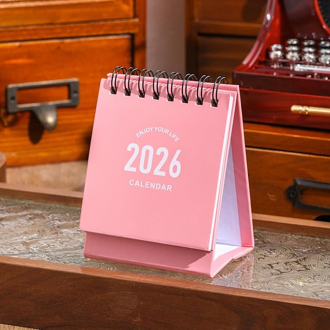 Mini Desk Calendar 2026-2027 - Use January 2026 to June 2027 Small Desktop Calendar Mini Daily Schedule Thick Paper Twin-Wire Binding with Stickers for Home Office School (Mini Pink)