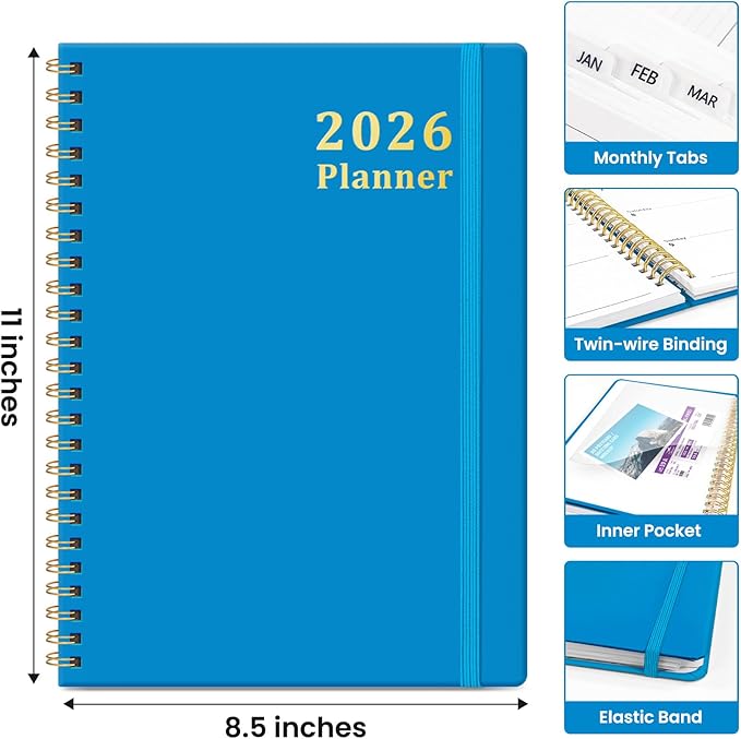 2026 Planner, Weekly and Monthly Calendar Planner, January 2026 - December 2026, Hardcover 2026 Calendar Book with Tabs For Women & Men, Inner Pocket, Spiral Bound, Perfect for Office Home School Supplies - A4 (8.5" x 11"), Azure Blue