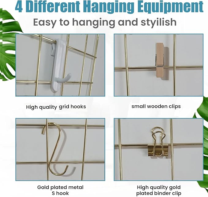 Metal Grid Wall Panel, Wire Grid Photo Display Organizer, 17.3"×11.8" Gold Wire Board Grid Wall, Grid Picture Frame, 2-Pack Wire Mesh Memo Board with Clips and Hooks