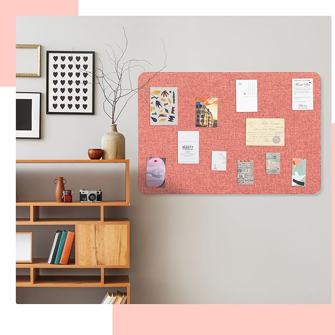 36" x 24 Linen Fabric Bulletin Board Pinboard for Walls Display Frameless Pinboard Display Notice Memory Board for Office Home Walls Kitchen Easy to Install(Coral Red)