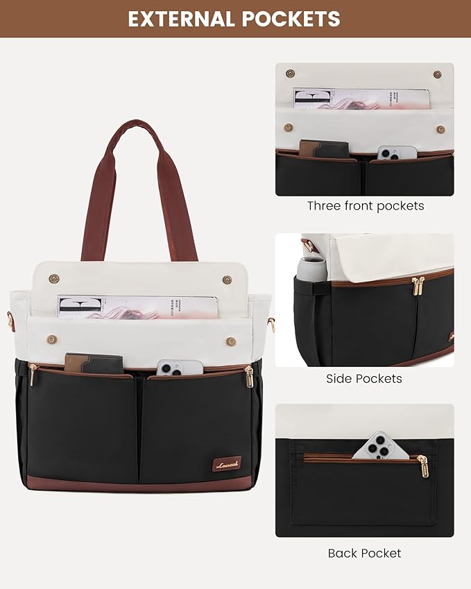 LOVEVOOK Teacher Tote Bag for Women, 15.6 Inch Laptop Bag with Inside Large Cup Pocket, Large Capacity&Multi-Pockets Nurse Work Bag, Professional Briefcase Business Purse Handbag Gifts, Black Brown