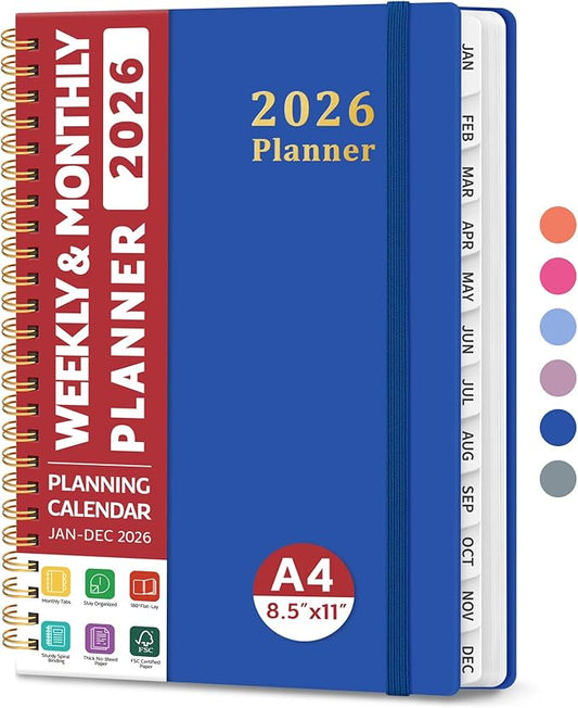 2026 Planner, Weekly and Monthly Calendar Planner, January 2026 - December 2026, Hardcover 2026 Calendar Book with Tabs For Women & Men, Inner Pocket, Spiral Bound, Perfect for Office Home School Supplies - A4 (8.5" x 11"), Royal Blue