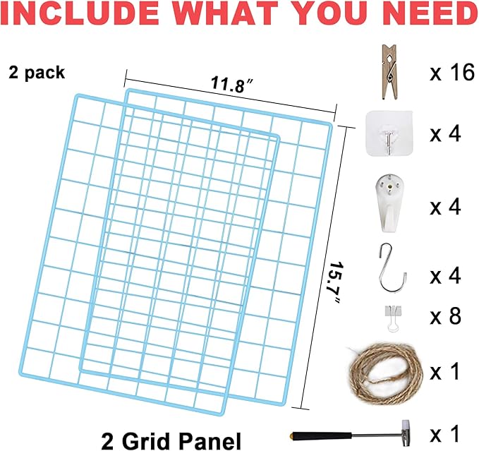 C&AHOME Photo Wall Grid Panel Set of 2, Decor Grid Panel, Photo Display Shelves, Hooks, Clips, Hemp Cord, Hammer, 15.7" 11.8", Blue UWWGM3402L