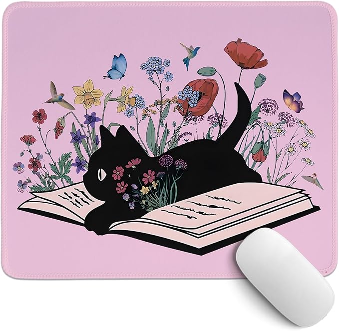 Kawaii Mouse Pads,Cute Black Cat Mouse Pad,Girly Pink Floral Desk Mat for Home Office Dorm Desktop Decor,Cat Lover Gift,10.2x8.2 Inch