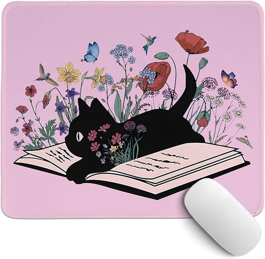 Kawaii Mouse Pads,Cute Black Cat Mouse Pad,Girly Pink Floral Desk Mat for Home Office Dorm Desktop Decor,Cat Lover Gift,10.2x8.2 Inch