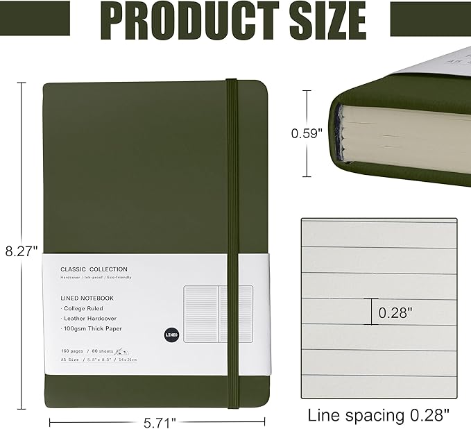 Lined Journal Notebook, 10Pack Hardcover Notebook for Men & Women – Journals for Writing, Work, School, Home & Daily Notes, 160 Pages – Medium A5, 5.7"x8", 100 gsm Thick Paper (Olive Green)