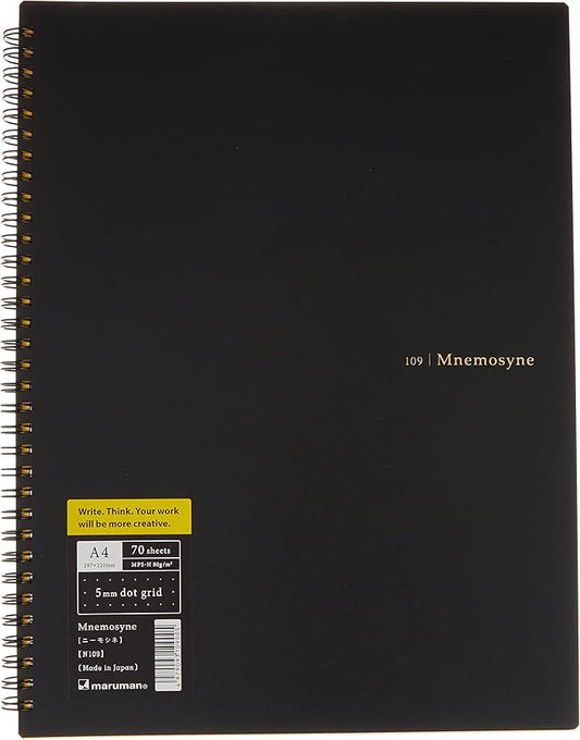 Maruman Mnemosyne Dot Grid Notebook- A4, 11.69" x 9.25", 70 Sheets / 140 Pages, 5mm Dotted Journal, Perforated Pages & Wire-Bound to Lay Flat, Black, Made in Japan