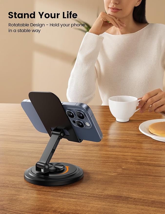 Lamicall Cell Phone Stand for Desk - [360° Rotation] Sturdy Adjustable Desktop Phone Holder, Foldable Mobile Stand, Office Desk Accessories Gifts for iPhone 17 16 15 14 Pro Max, Galaxy S25, Cellphone