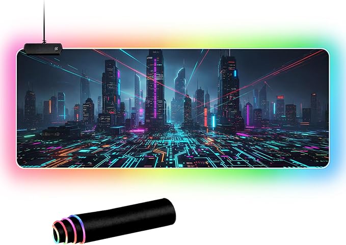 Cyberpunk Circuit RGB Gaming Mouse Pad – 31.5"x11.8" Large LED Desk Mat with Futuristic Circuit Board Design, Non-Slip Rubber Base & Durable Stitched Edge for PC & Laptop Setup(06)