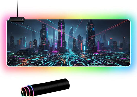 Cyberpunk Circuit RGB Gaming Mouse Pad – 31.5"x11.8" Large LED Desk Mat with Futuristic Circuit Board Design, Non-Slip Rubber Base & Durable Stitched Edge for PC & Laptop Setup(06)
