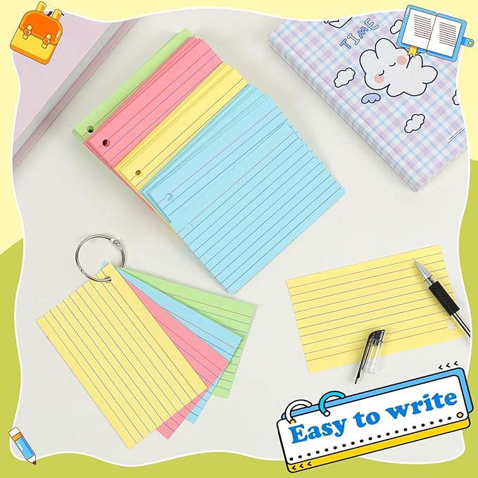 Colored Index Cards 3x5 Inch Heavyweight Flash Cards with Ring Lined Flashcards Note Cards for Studying School Supplies College, 200 Count