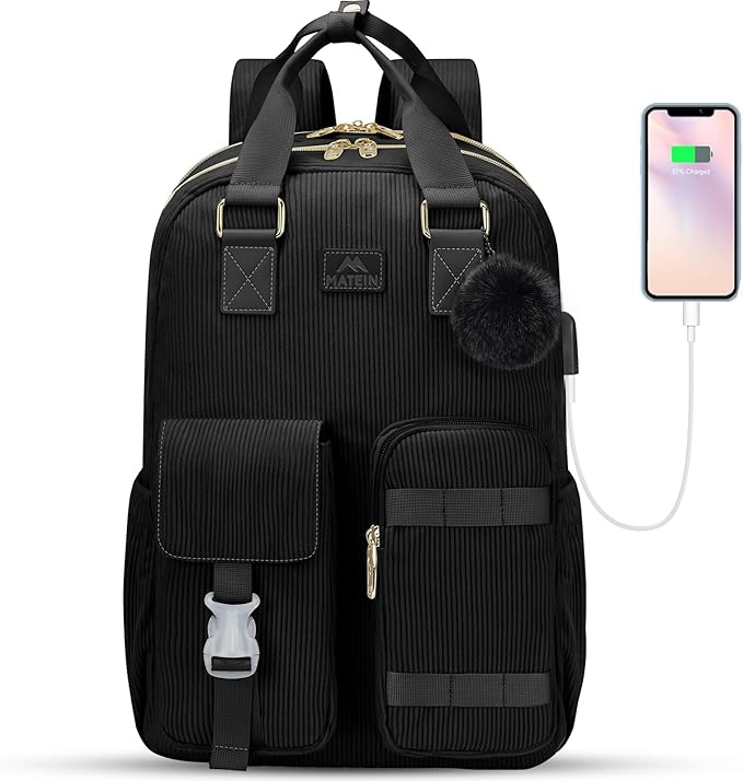 MATEIN Cute Laptop Backpack for Women, 15.6 Inch Corduroy Computer College Backpack with USB Charging Port, TSA Lightweight Aesthetic Back Pack Travel Laptop Daypack for Work Nurse Teacher Gift, Black
