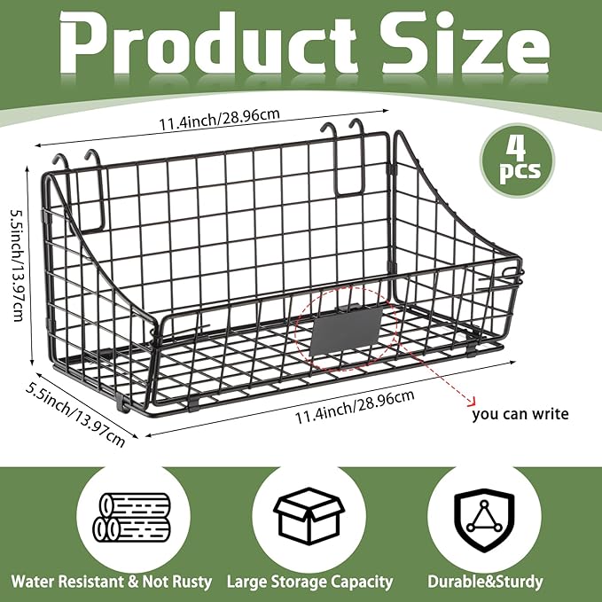 Blulu 4 Pcs Wire Wall Basket, Black Metal Grid Basket with Hooks Wall Hanging Storage Accessory for Vendor Trade Shows Kitchen Bathroom Pantry Supplies(11 x 6 x 5 Inch)