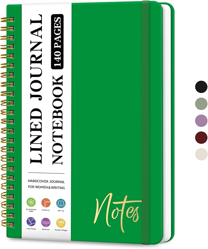 Lined Spiral Journal Notebook for Women, A5 College Ruled Journals for Writing, Hardcover Notebooks for Work, Note taking and Office School Supplies,140 Pages - Racing Green