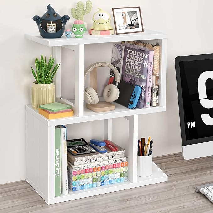 Small Desktop Bookshelf for Top of Desk Shelf - Mini White Table Bookcase 3-Tier Shelves Storage Book Organizer Hutch for Dorm Office College