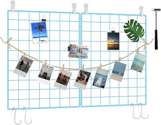 C&AHOME Photo Wall Grid Panel Set of 2, Decor Grid Panel, Photo Display Shelves, Hooks, Clips, Hemp Cord, Hammer, 15.7" 11.8", Blue UWWGM3402L