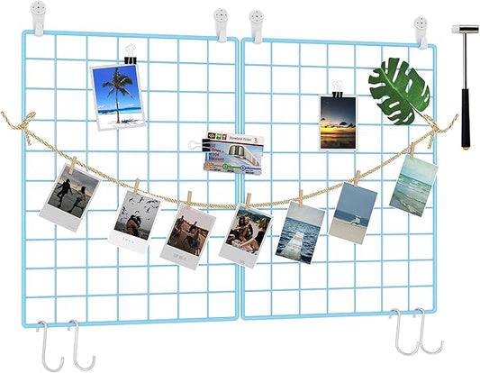 C&AHOME Photo Wall Grid Panel Set of 2, Decor Grid Panel, Photo Display Shelves, Hooks, Clips, Hemp Cord, Hammer, 15.7" 11.8", Blue UWWGM3402L