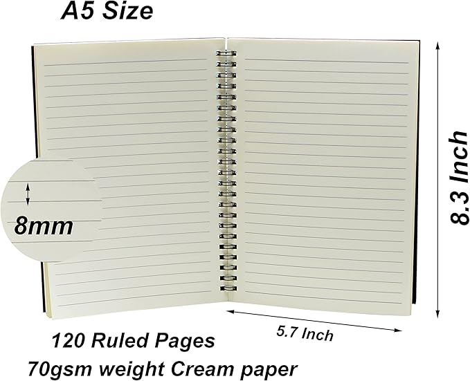 YYaaloa 8-Pack A5 Lined Sketch Book Soft Cover Spiral Notebooks Journals 120 Pages 5.7" x 8.3" Cream colored paper (A5 Lined brown 8pcs)