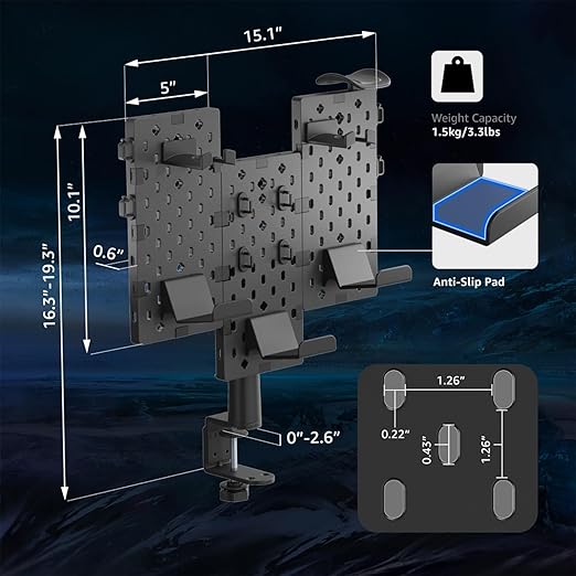 PEGZONE Modular Headphone and Controller Holder for Game, Clamp-on Pegboard, Rotatable Controller Stand with Cable Hooks, Gaming Accessory for Xbox PS5 PS4 Nintendo Switch, 3Pcs Pegboard, Black