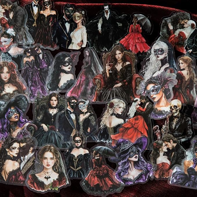 Vintage Goth Stickers for Adults Scrapbooking, 100Pcs Transparent PET Gothic Ball Theme Dark Romance Stickers for Junk Journaling Supplies, Planner, Collage, Scrap Book Supply, Crafts Arts