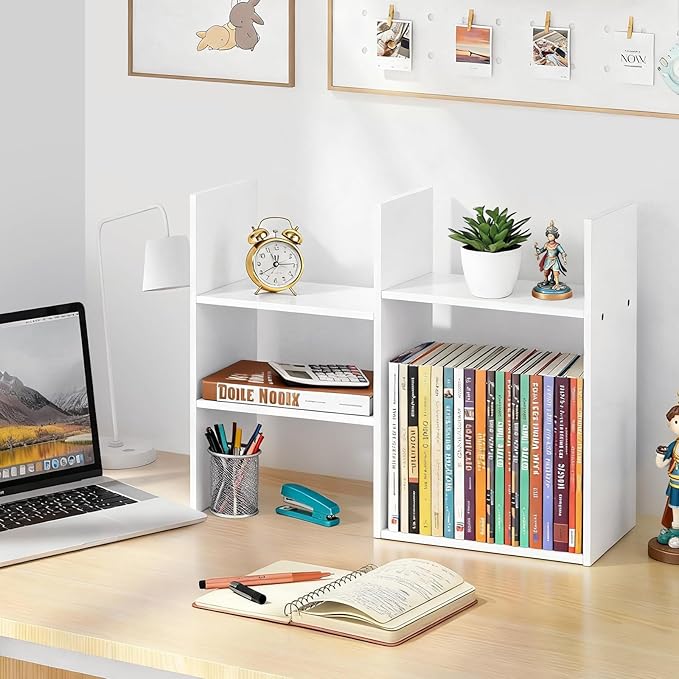 White Desktop Shelf Organizer for Top of Desk - Wood Desk Hutch for Dorm Room Essentials & Home Office - Small Tabletop Bookshelf for Storage & Decor Display