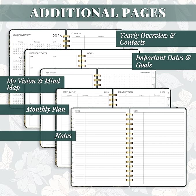 2026 Planner, A5 Weekly and Monthly Planners with Tabs, Spiral Bound Daily Calendar 2026 Planner, Agenda Organizers from Jan. to Dec., Hardcover Habit Tracker Journal 6.18" x 8.5" (Green Flower)