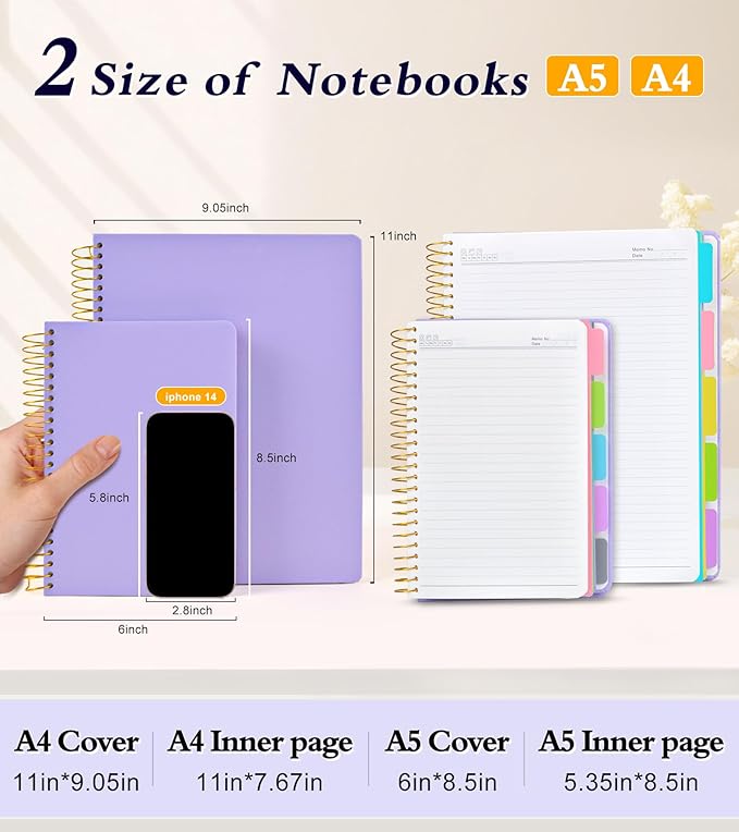 5 Subject Notebook College Ruled with Removable Pocket Dividers Tabs, 240 Pages Spiral Notebook 8.5 x 11, Lined Journal Notebook for Women , Hardcover Notebooks for Work School Note taking A4 Purple