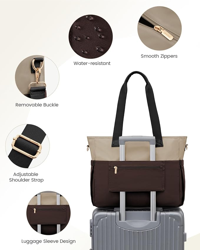 LOVEVOOK Laptop Bag for Women 15.6 Inch Canvas Laptop Large Capacity Work Bags Mutiple Pockets Teacher Bag Water Resistant Computer Bags for Business Travel Nurse, Apricot-coffee