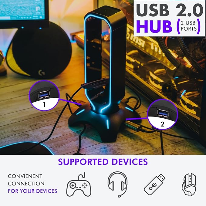 Tilted Nation Gaming Headset Stand | RGB Headphone Stand for Desk with Mouse Bungee and USB Hub (Cool and Clean Setup) Gaming Headset Holder - Perfect Gamer Gift Accessory