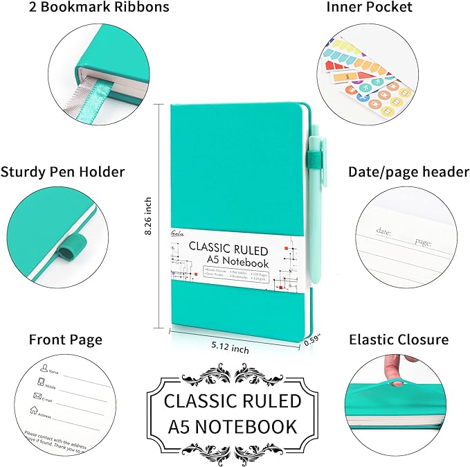 feela 5 Pack Notebooks Journals Bulk, Hardcover Notebook Classic Ruled Lined Journals with Pen Holder for Women Girls School Business Supplies, with 5 Black Pens, 120 GSM, 5.1”x8.3”, A5, Aqua