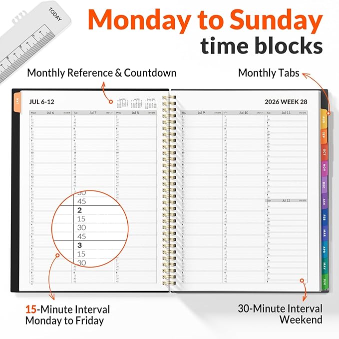 SUNEE 2026-2027 Appointment Book, Quarter-Hourly, Weekly & Monthly - from July 2026 to June 2027, 8.5"x11" Academic Planner, Flexible Cover, Note Pages, Bookmark, Spiral Binding, Black