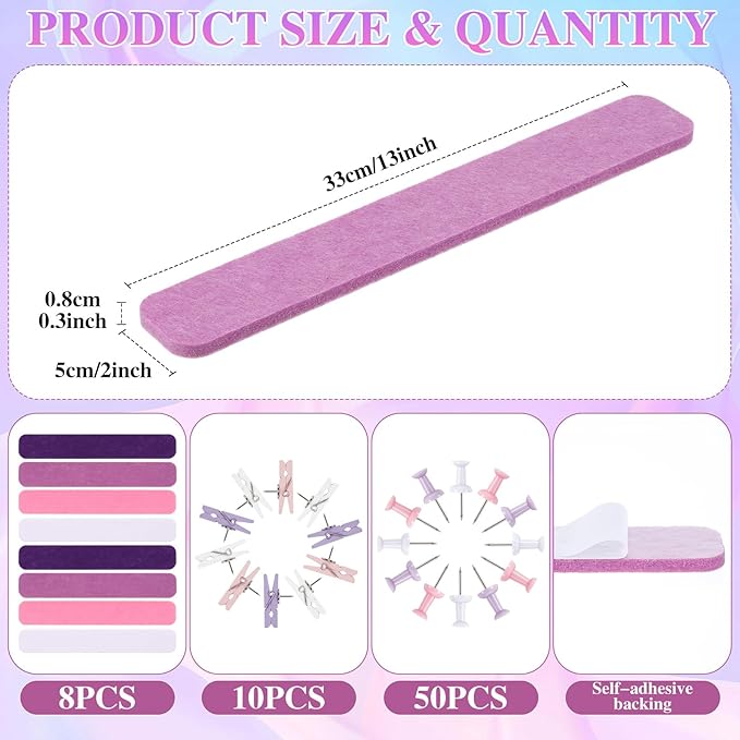 8 Pcs Felt Pin Board Bar Strips Bulletin Board 50 Pushpins and 10 Wooden Clip Pins Self Adhesive Cork Boards for Offices Home Wall Display Photos, Paste Notes, Schedules(Pink)