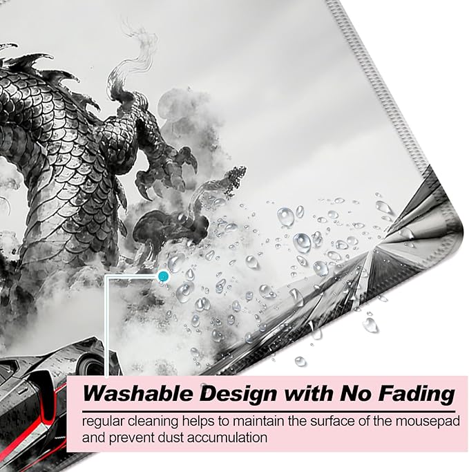 Gray Dragon and Cool Sport Car XL Large Desk Mat, Extended Long Desk Pad for Gaming and Office, Non-Slip Rubber Base, Comfortable Surface Mouse Pad, 31.5x11.8 in (H19)