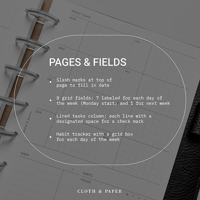 Cloth & Paper Weekly Admin Planner Inserts | Half Letter Size 5.5 x 8.5 Inches | 8 Disc Punch | Monday Start | Weekly Agenda Refill with Task Column & Habit Tracker | Fits Cloth & Paper Large Folio