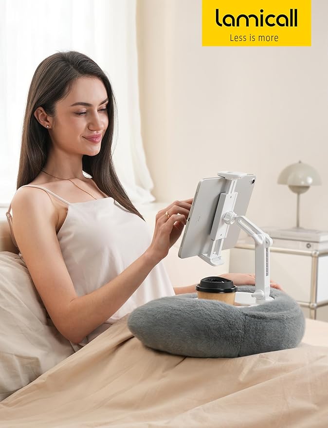 Lamicall Tablet Pillow Stand Holder - [Food-Grade Bowl][Soft & Fluffy] Lap Kindle Holder w/Adjustable Arm, Kindle Accessories for Reading in Bed, iPad Stand Gifts for 4.7-13" Tablet, E-Reader, iPhone