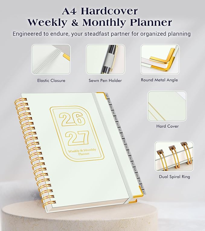 Planner 2026-2027, 18 Months Weekly and Monthly Hardcover Planner, January 2026 - June 2027, 8.5" x 11" A4 Large Daily Calendar Planner Book with Tabs, Spiral Yearly Agenda Organizer Notebook for School Work Home, White