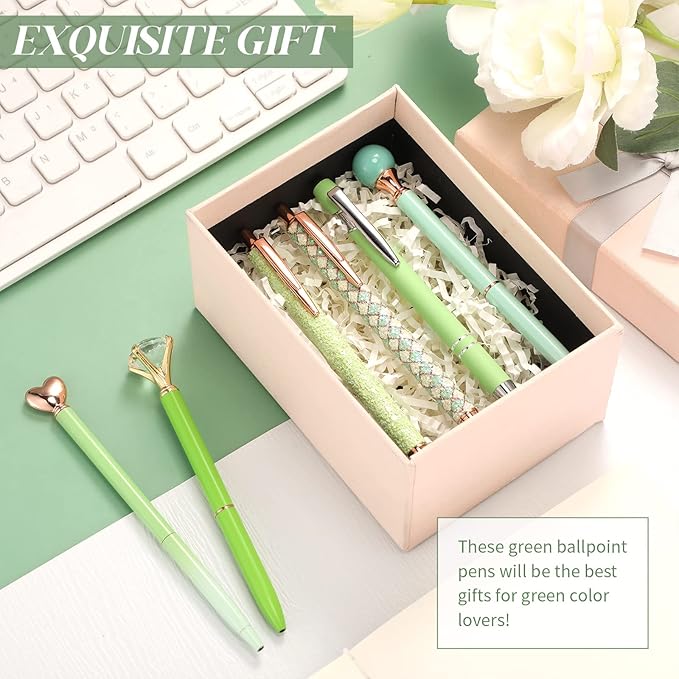 6 Pcs Ballpoint Pens Set Metal Crystal Diamond Pen for Journaling Glitter Pretty Cute Stationery Black Ink Fancy Gifts for Women Girls Teacher Office Wedding School Supplies(Green Series)