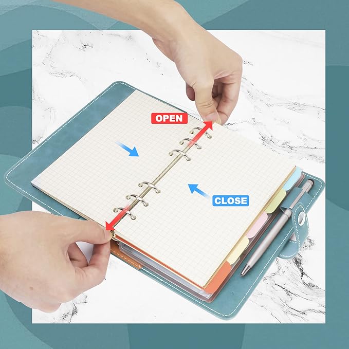 FYY A6 Binder Refillable Planner Notebook 6 Ring PU Leather Binder Journal with Pockets, Dividers, Refill Paper Blue