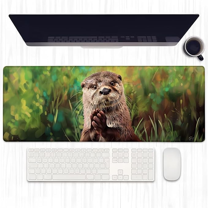 Pretty Otter Gaming Mouse Pad, Extended Cute Wildlife Design Desk Mat Computer Laptop Mousepad, Robust Stitched Edges, 31.5"×11.8" Large Office Keyboard Mouse Pads for Home Desktop Decor