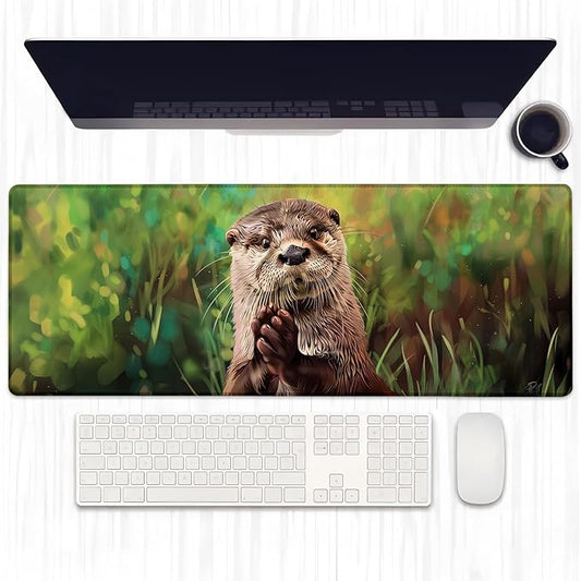Pretty Otter Gaming Mouse Pad, Extended Cute Wildlife Design Desk Mat Computer Laptop Mousepad, Robust Stitched Edges, 31.5"×11.8" Large Office Keyboard Mouse Pads for Home Desktop Decor