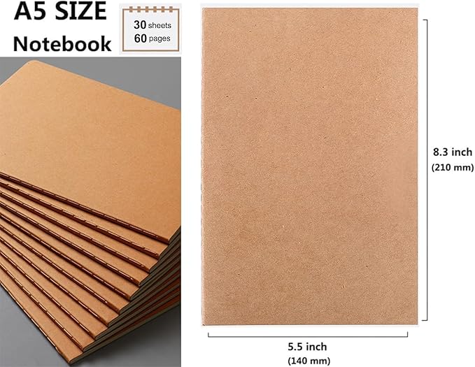 24 Pack A5 Blank Notebook Bulk Kraft Cover Blank Sketch Book Pad Travel Journals Composition Diary Subject Notebooks Planner 60 Pages, 8.3”x 5.5”