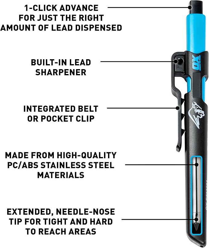 OX Tools Carpenter Pencils Mechanical Set – Heavy Duty Construction Pencil with 10X 2.8mm Lead Pack, Belt Clip, Sharpener, & Holder – Precision Mechanical Carpenter Pencil - Woodworking Pencils