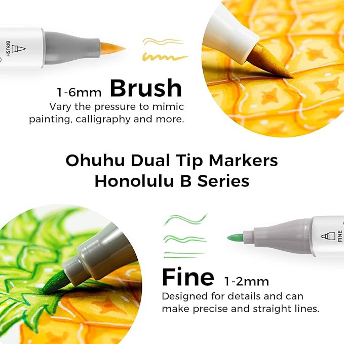 Ohuhu Alcohol Markers Brush Tip - AP Certificated Double Tipped Art Marker Set for Artist Adults Coloring Illustration- 72 Colors - Refillable - Fine and Brush Dual Tips - Honolulu B of Ohuhu Markers