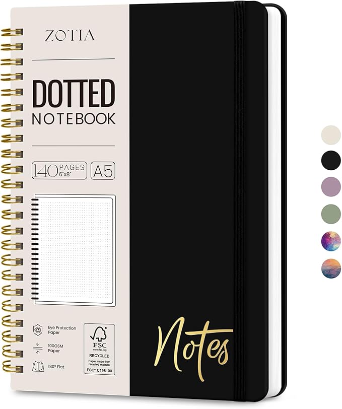 Dotted Spiral Journal Notebook for Women, A5 Dotted Notebook Journals for Writing, Hardcover Notebooks for Work, Note taking and Office School Supplies,140 Pages - Black