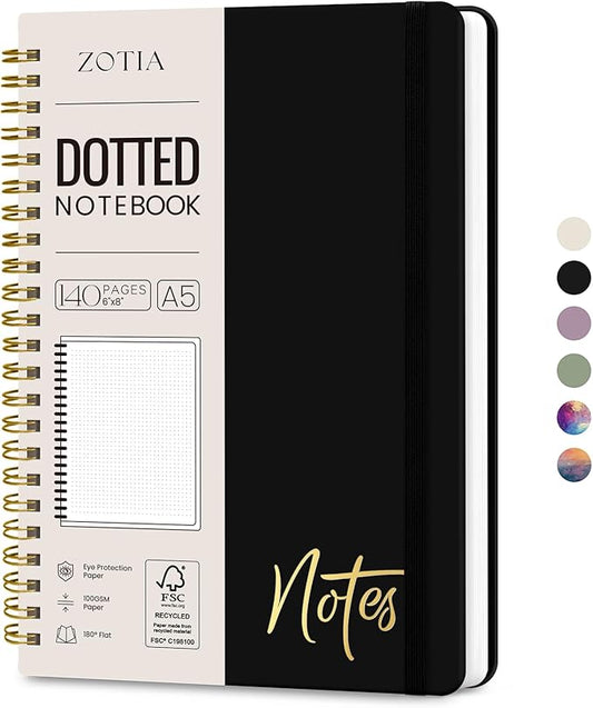 Dotted Spiral Journal Notebook for Women, A5 Dotted Notebook Journals for Writing, Hardcover Notebooks for Work, Note taking and Office School Supplies,140 Pages - Black