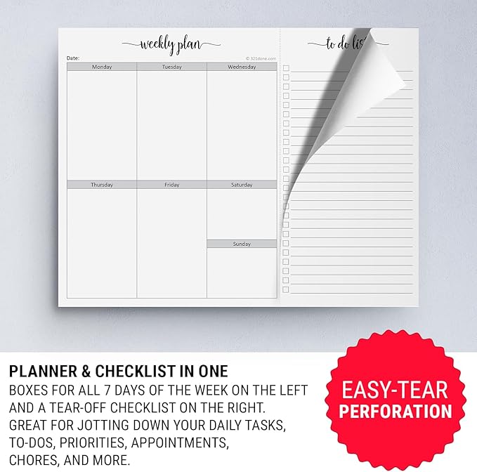 321Done Weekly Plan Checklist Notepad - 50 Sheets (8.5x11) Perforated To Do Memo Pad - Made in USA (With Headers)