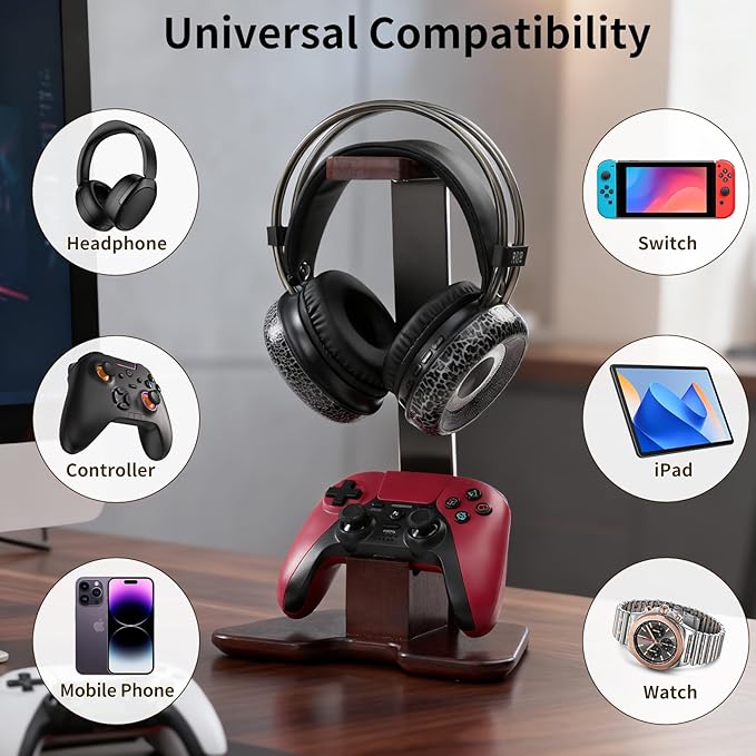 Headset and Controller Stand for Desk, Walnut Wood Headphone Stand with Gaming Controller Holder, Universal Headset Holder for PS5, Xbox, AirPods Max & All Headphones