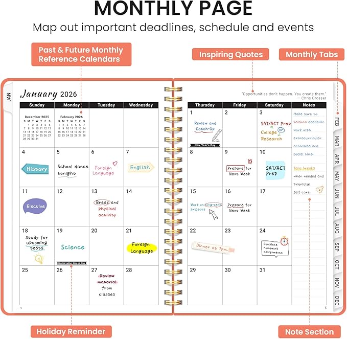 2026 Planner, Weekly and Monthly Calendar Planner, January 2026 - December 2026, Hardcover 2026 Calendar Book with Tabs For Women & Men, Inner Pocket, Spiral Bound, Perfect for Office Home School Supplies - A5 (6.3" x 8.5"), Coral