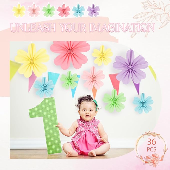 Solsew 36 Pcs Paper Flower Decoration for Wall Paper Flower Fans Bulletin Board Decorations Backdrop Party Decor for Wall Wedding Classroom Back to School Party Baby Bridal Shower Nursery